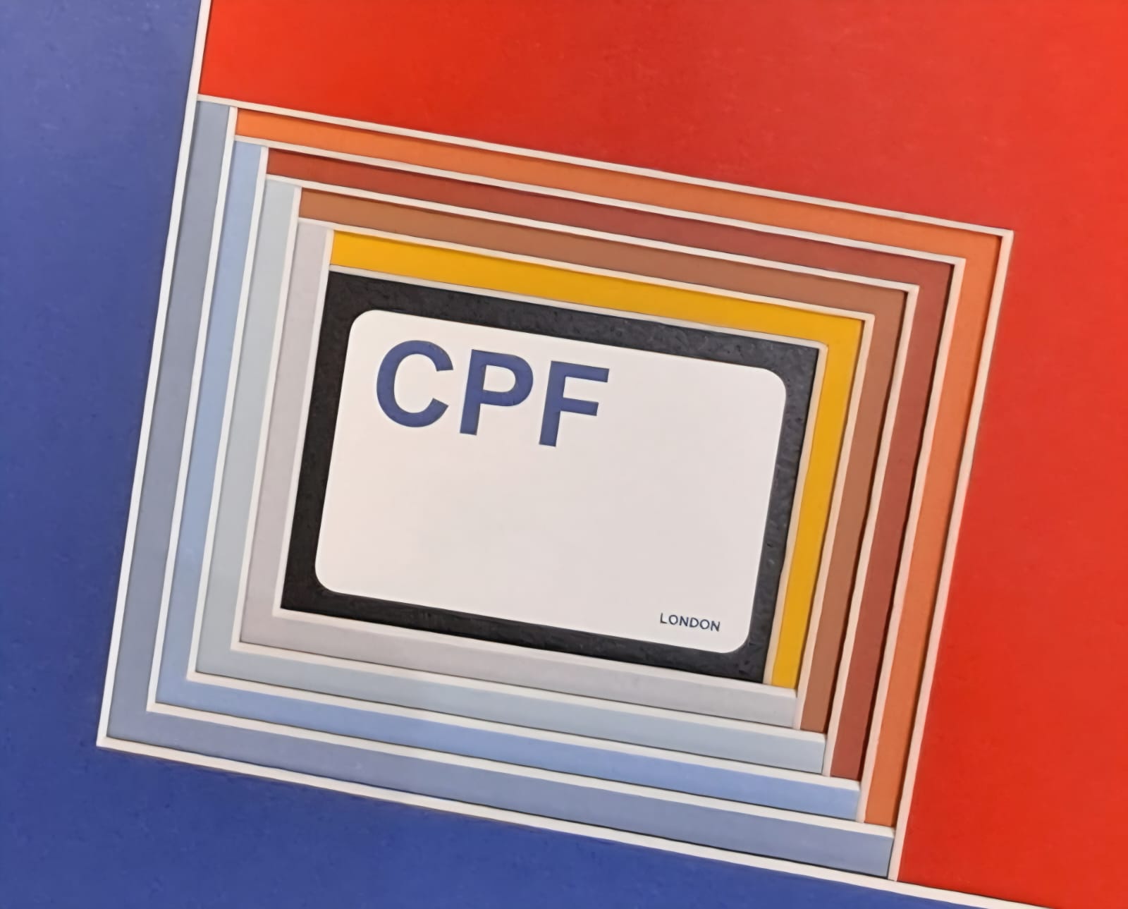 A white card with blue letters CPF and LONDON in small text is centred within stacked, multicoloured rectangular frames on a blue and red background.